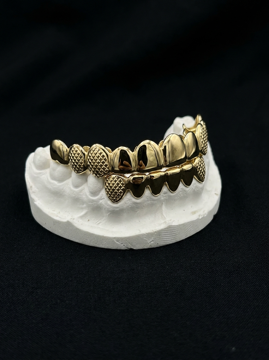 Custom 10K/14K/18K Gold Arch-Cut Diamond Texture Grillz