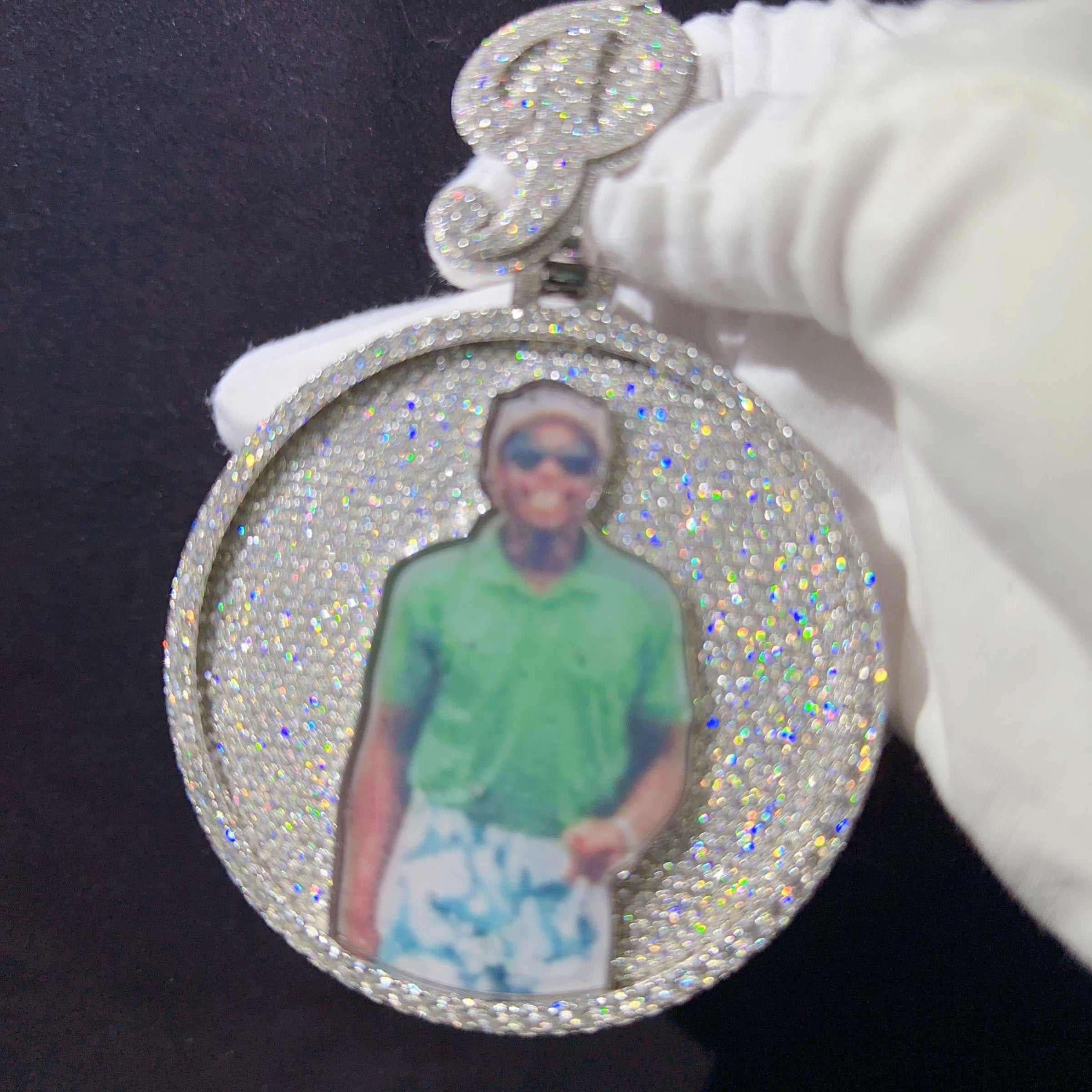 Custom photo pendant with iced bezel and P bail